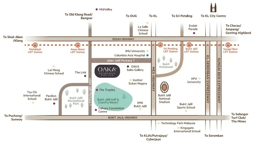 Location map of Oaka Residence in Bukit Jalil with nearby LRT stations, schools and parks