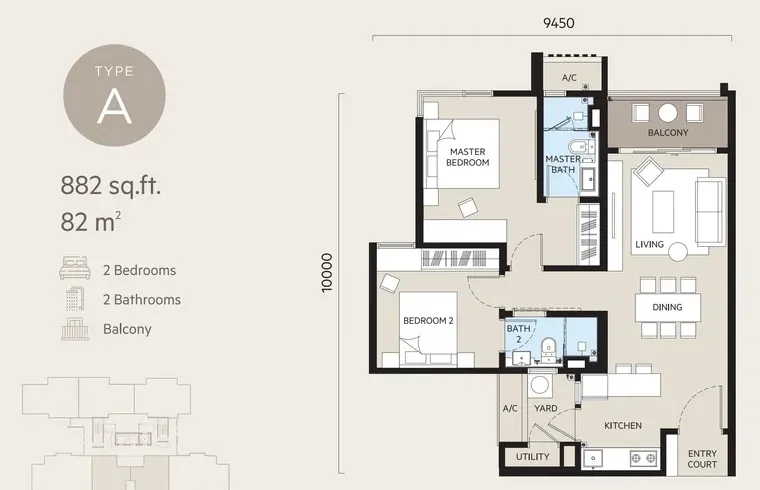 Oaka Residence Type A floor plan, 82 sqm / 882 sqft, 2 Bedroom