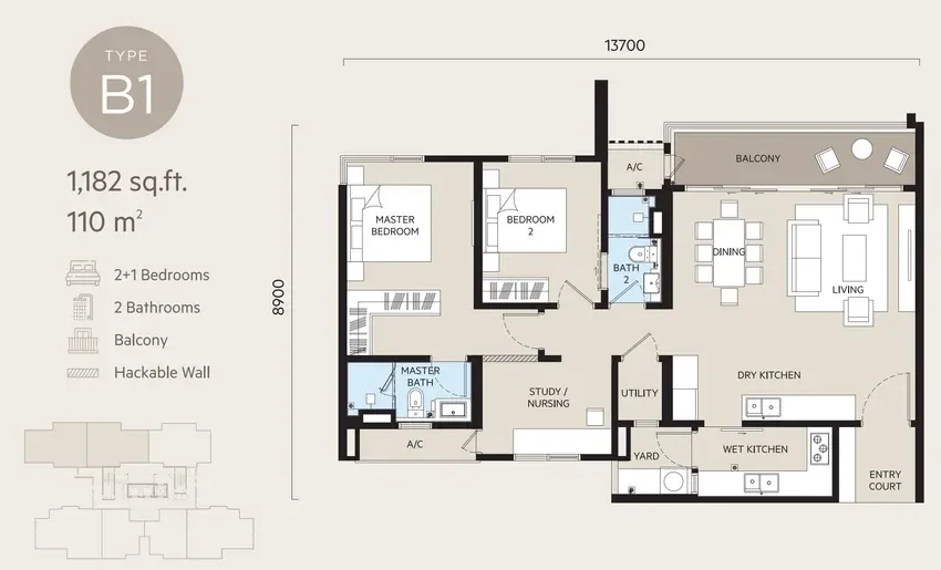 Oaka Residence Type B1 floor plan, 110 sqm / 1,182 sqft, 2+1 Bedroom