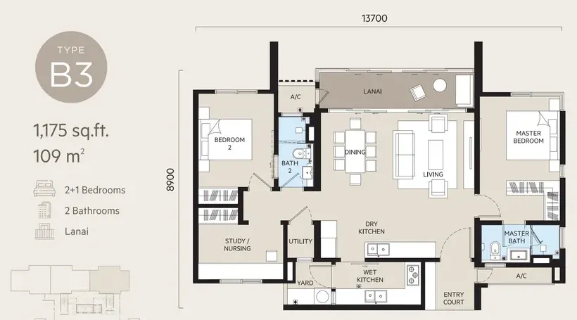 Oaka Residence Type B3 floor plan, 109 sqm / 1,175 sqft, 2+1 Bedroom