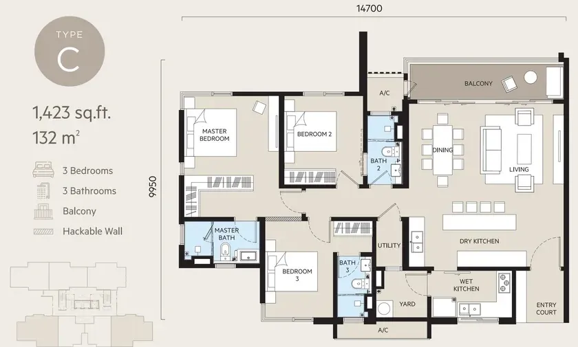 Oaka Residence Type C floor plan, 132 sqm / 1,423 sqft, 3 Bedroom