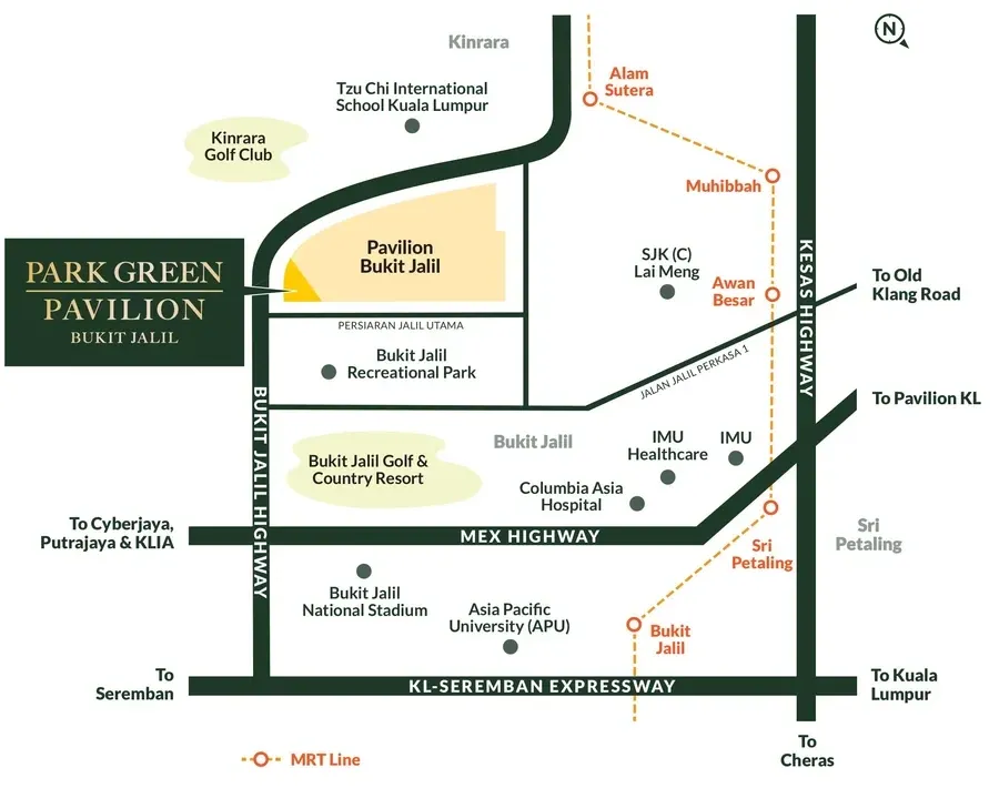 Location map of Park Green Pavilion beside Pavilion Bukit Jalil and Bukit Jalil Recreational Park
