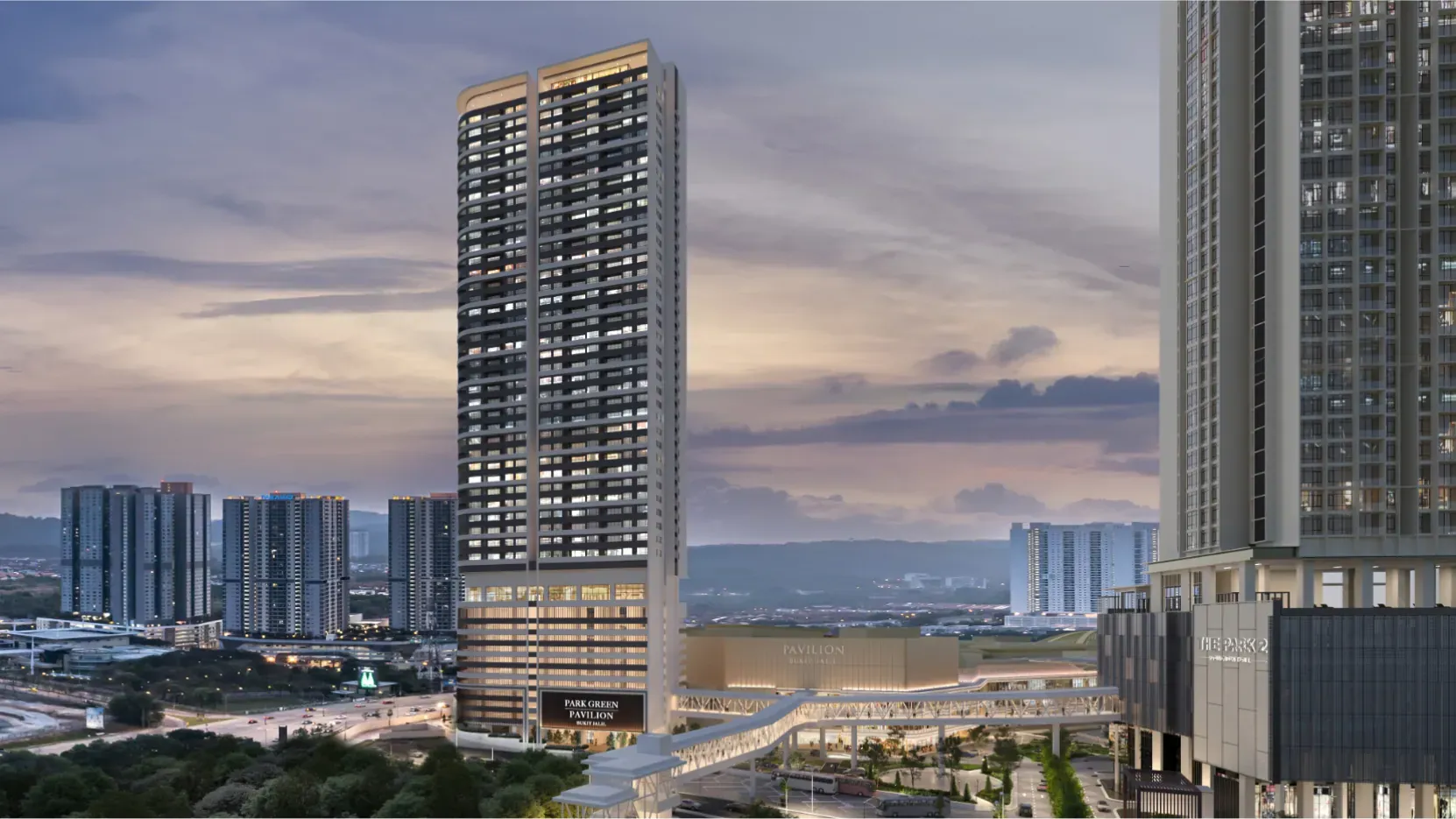 The Park Green Pavilion tower in Bukit Jalil at dusk