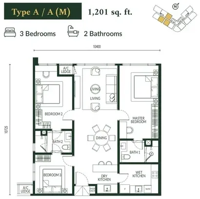 Park Green Pavilion Type A / A(M) floor plan, 1,201 sqft, 3 Bedroom