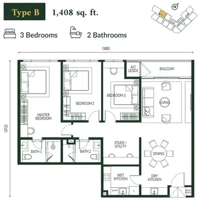 Park Green Pavilion Type B floor plan, 1,408 sqft, 3 Bedroom