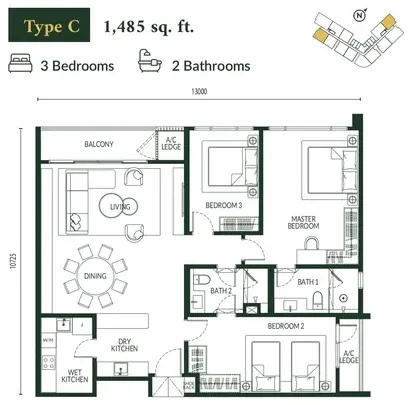 Park Green Pavilion Type C floor plan, 1,485 sqft, 3 Bedroom