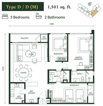 Park Green Pavilion Type D / D(M) floor plan, 1,501 sqft, 3 Bedroom