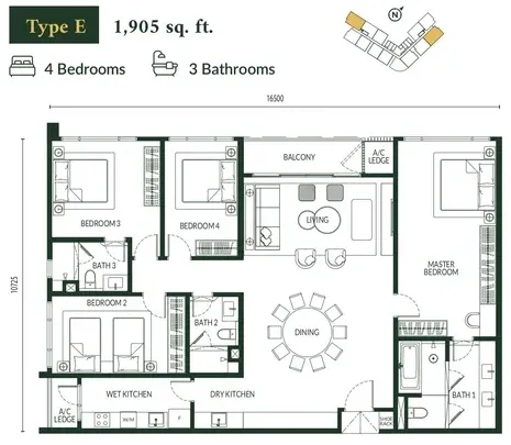 Park Green Pavilion Type E floor plan, 1,905 sqft, 4 Bedroom