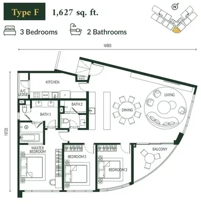 Park Green Pavilion Type F floor plan, 1,627 sqft, 3 Bedroom