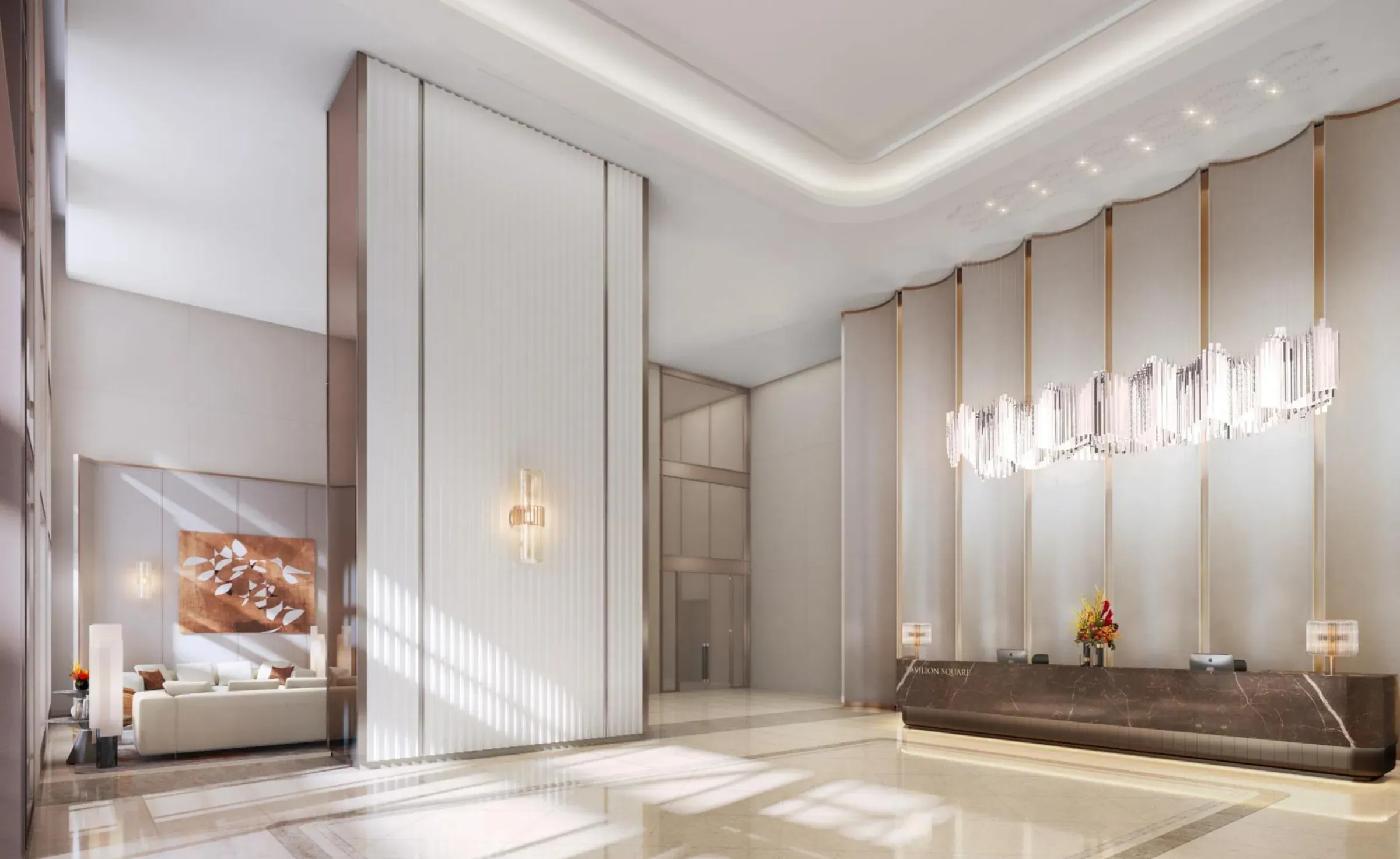 Concierge lobby with a double-height fluted wall