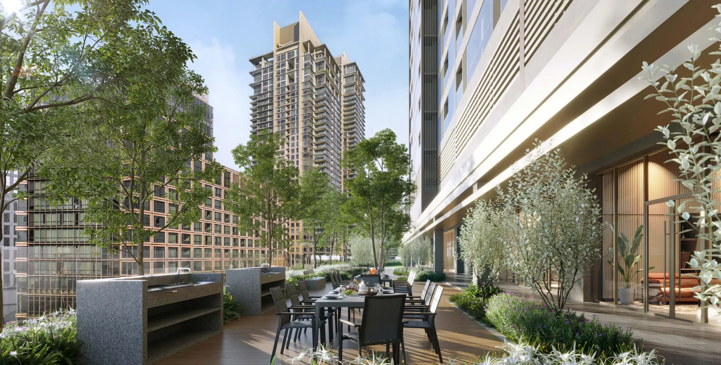 Landscaped courtyard garden and dining terrace