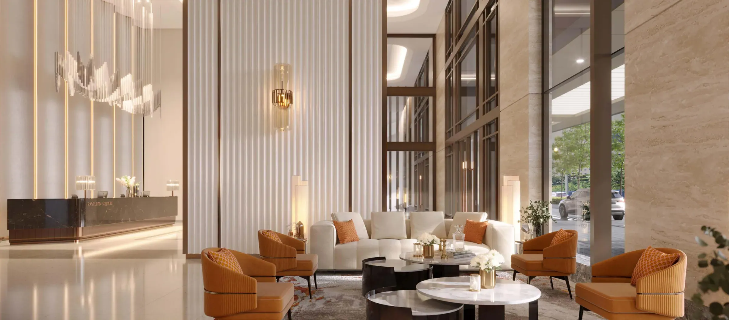 Lobby lounge with a double-height ceiling