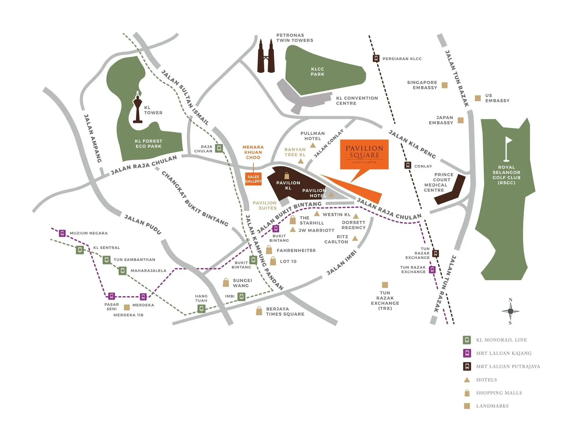 Location map showing Pavilion Square on Jalan Raja Chulan, opposite Pavilion Kuala Lumpur
