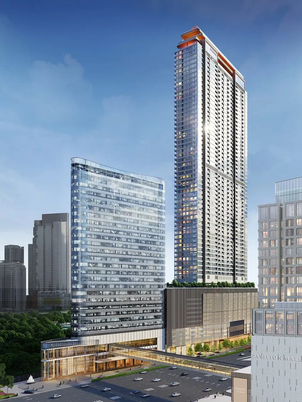 Pavilion Square's residential tower beside its corporate suites block