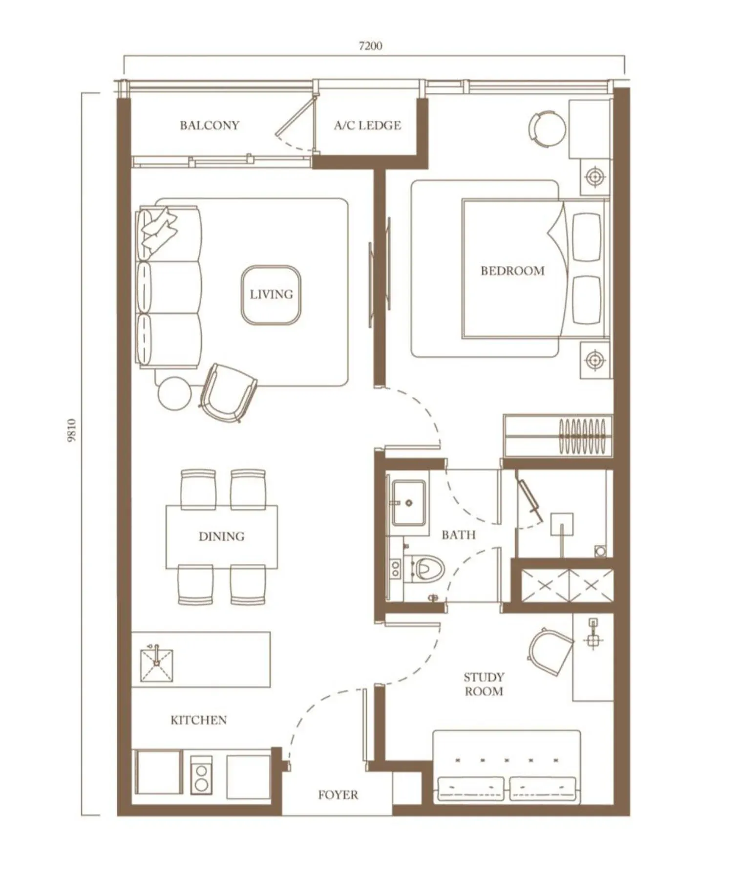Pavilion Square Type B1 floor plan, 71.5 sqm / 770 sqft, 1 Bedroom + Study