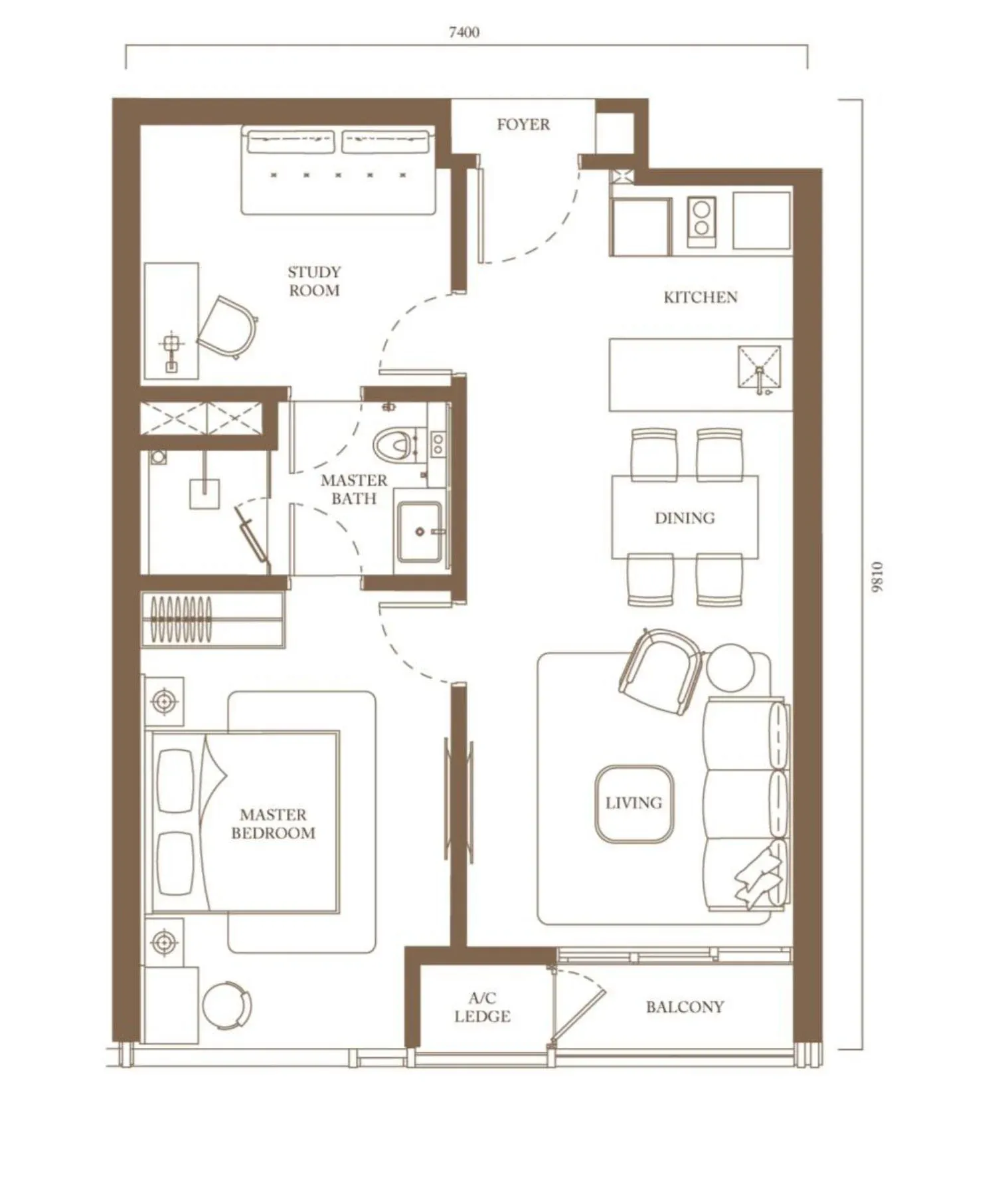 Pavilion Square Type B2 floor plan, 71.7 sqm / 772 sqft, 1 Bedroom + Study