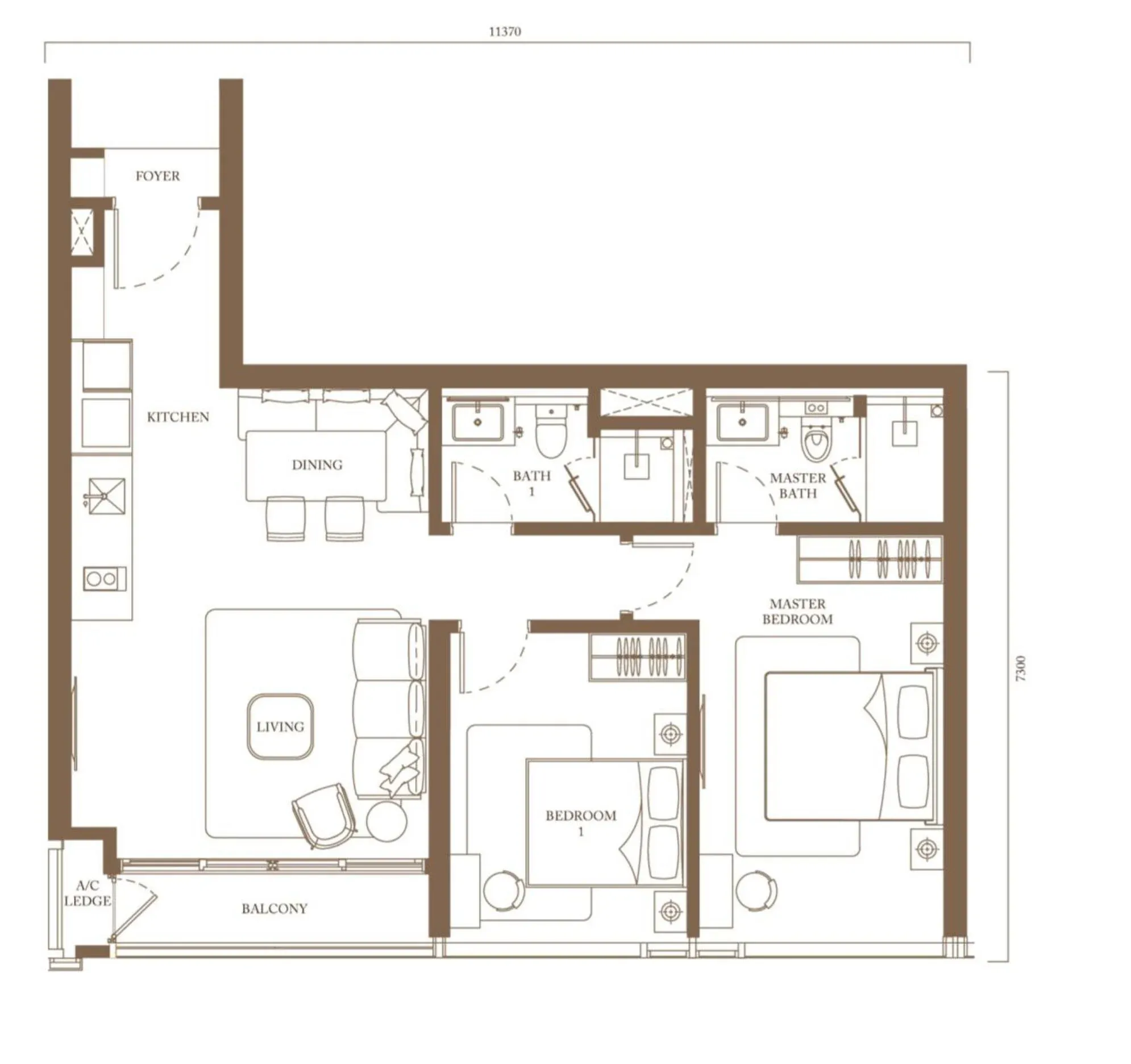Pavilion Square Type C1 floor plan, 89.7 sqm / 966 sqft, 2 Bedroom