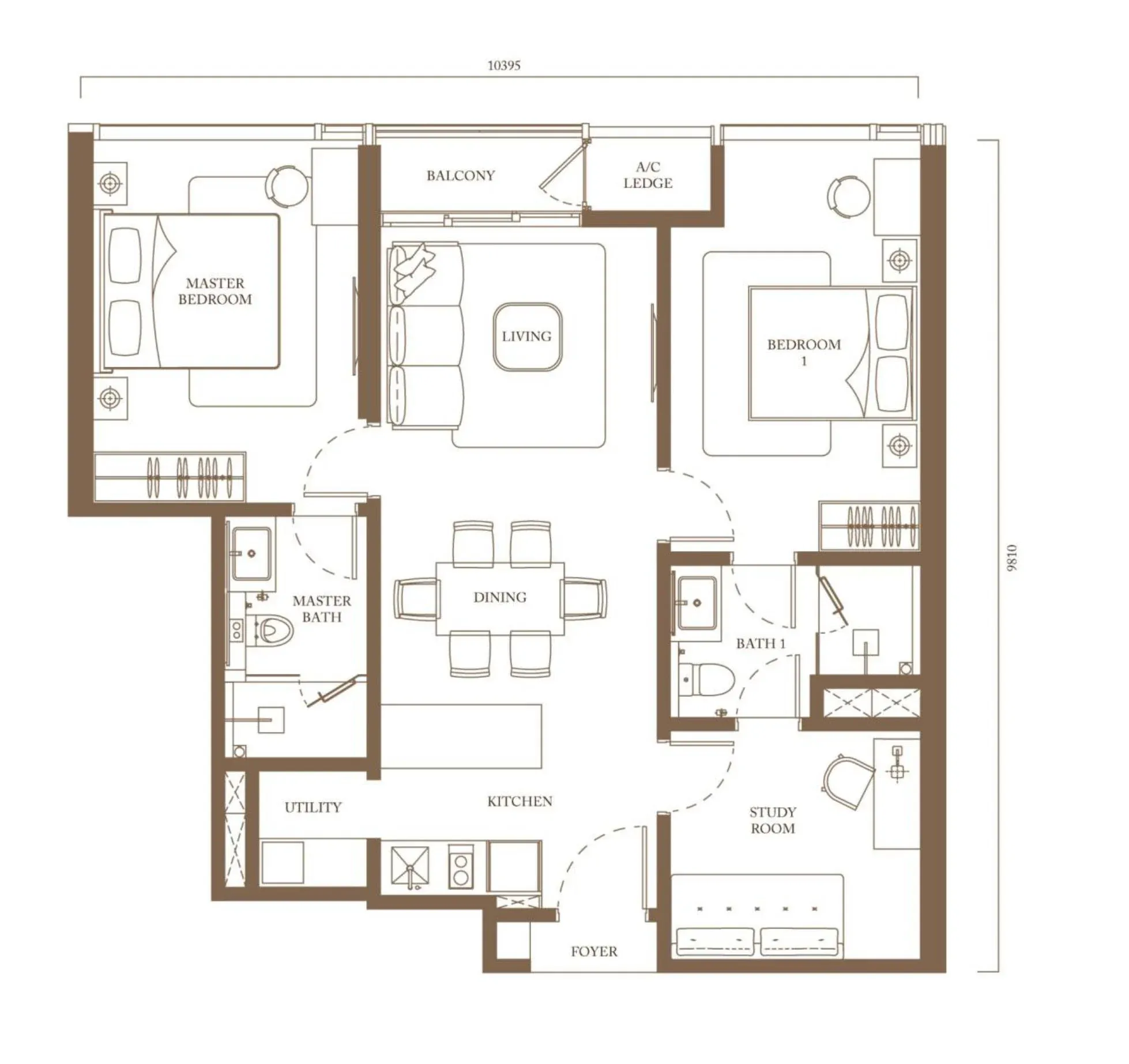 Pavilion Square Type C2 floor plan, 90.9 sqm / 978 sqft, 2 Bedroom + Study