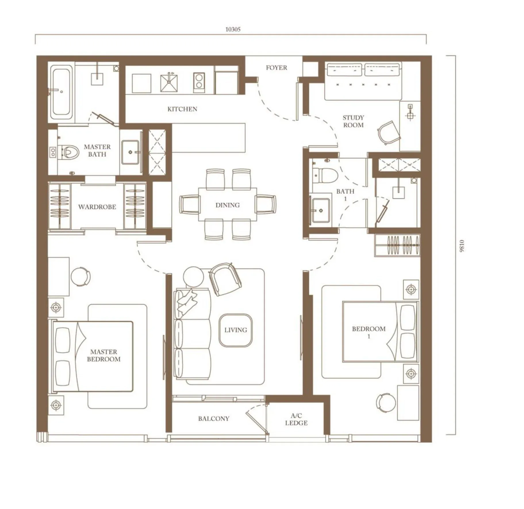 Pavilion Square Type C3 floor plan, 102.2 sqm / 1,100 sqft, 2 Bedroom + Study