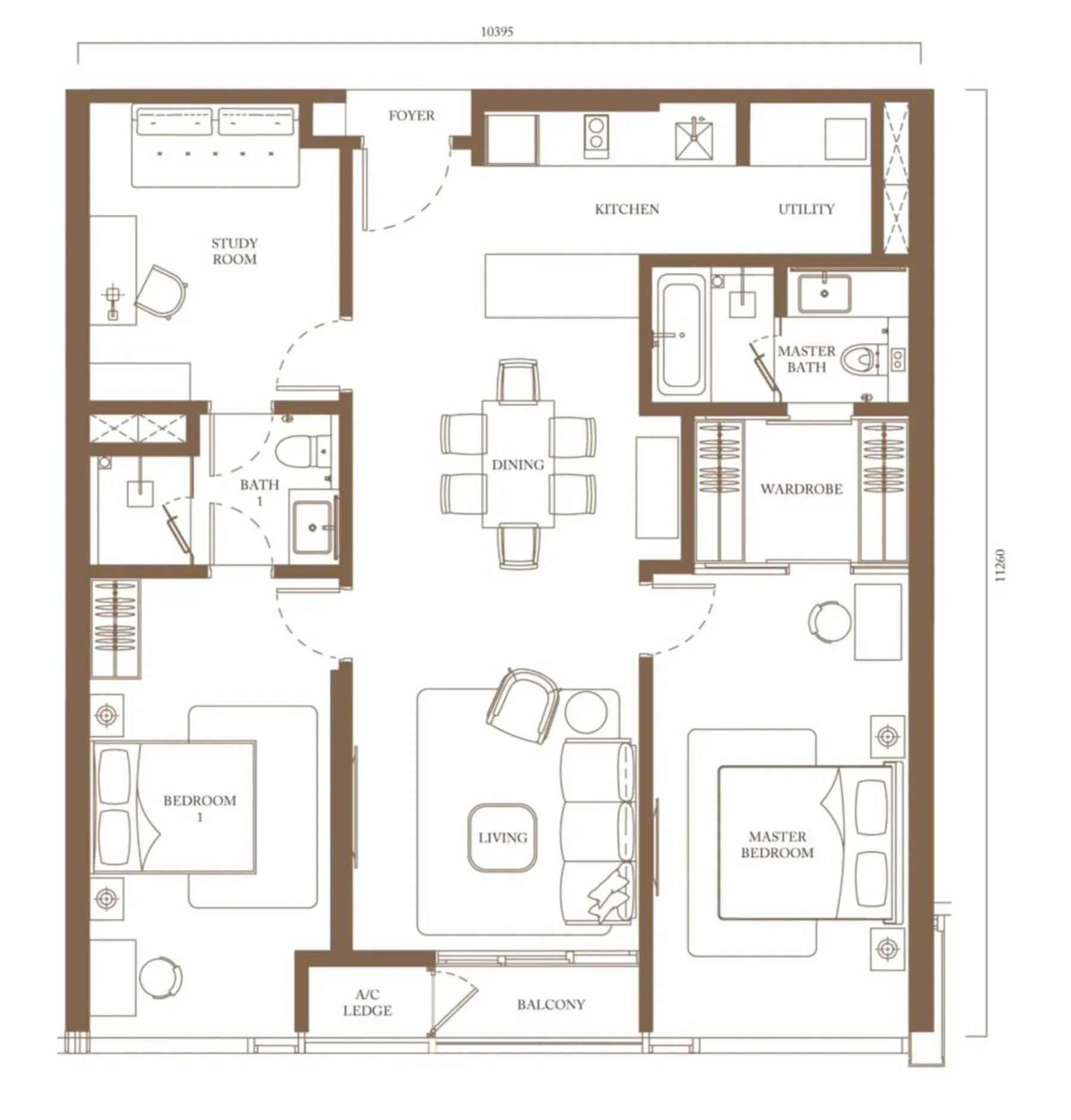 Pavilion Square Type C4 floor plan, 118.2 sqm / 1,272 sqft, 2 Bedroom + Study