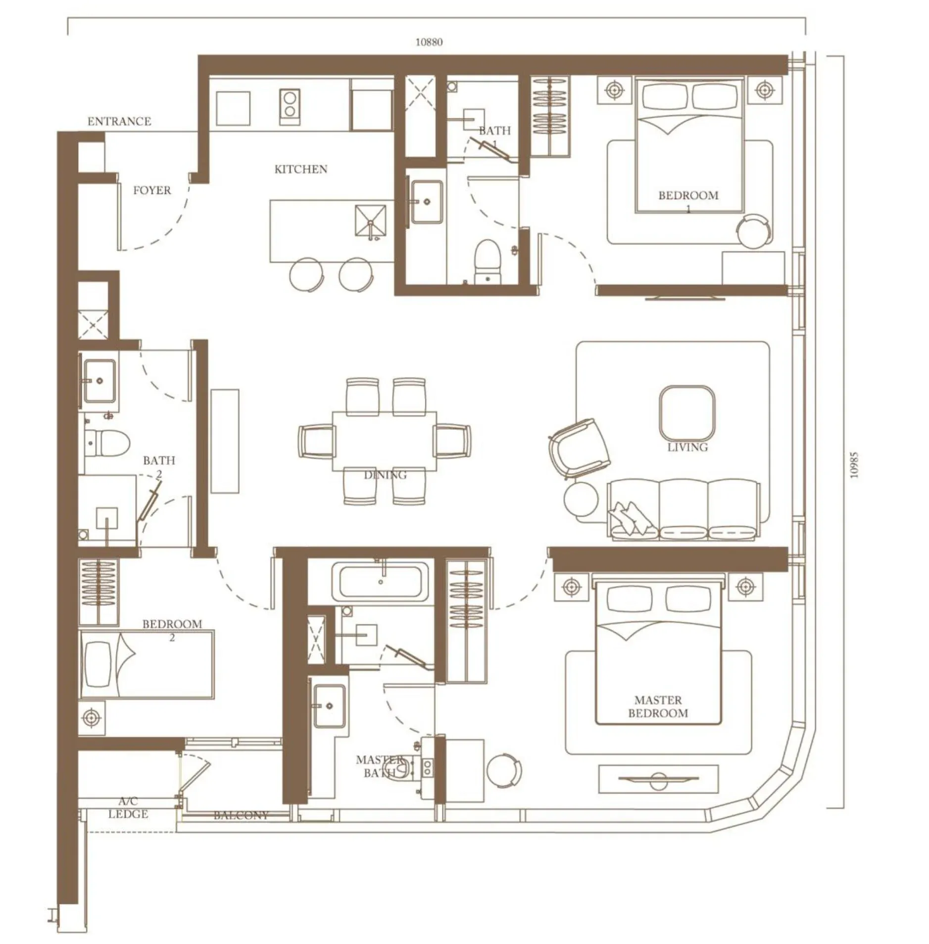 Pavilion Square Type D floor plan, 116.6 sqm / 1,255 sqft, 3 Bedroom