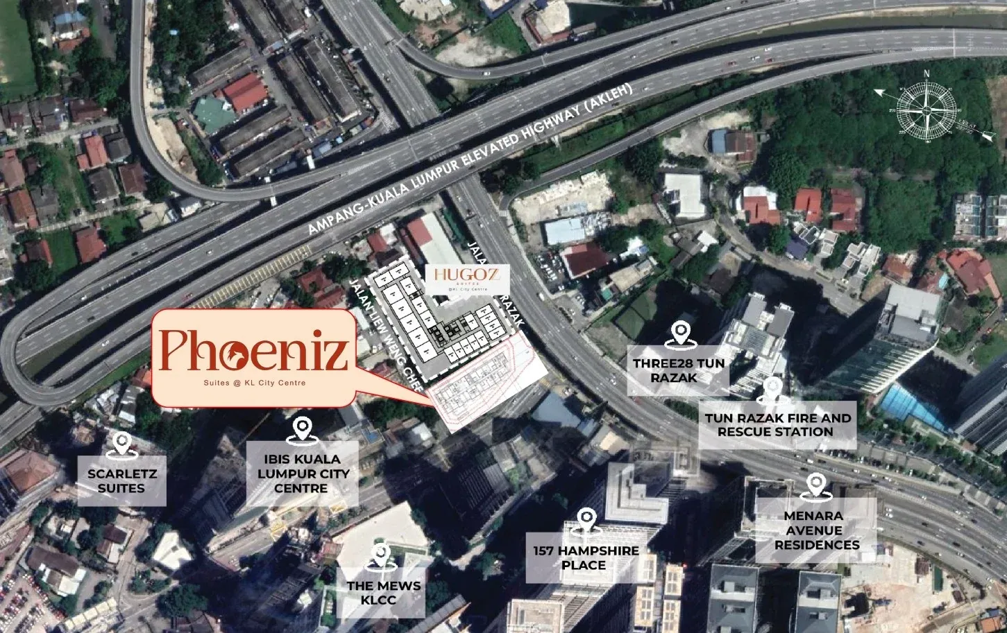 Location map showing Phoeniz Suites beside the Ampang-Kuala Lumpur Elevated Highway in KL City Centre