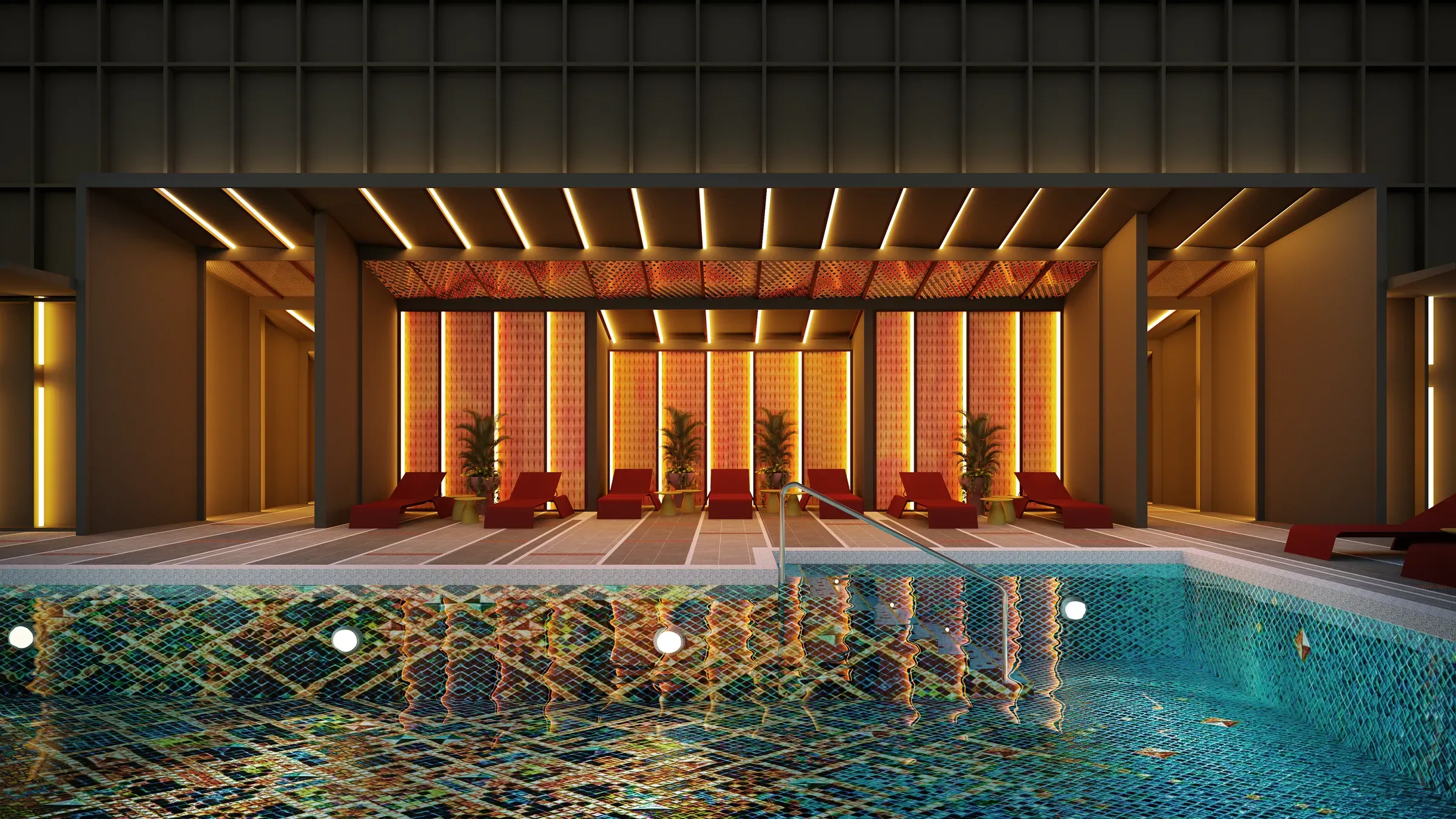 Pool deck with lounge chairs under warm lighting