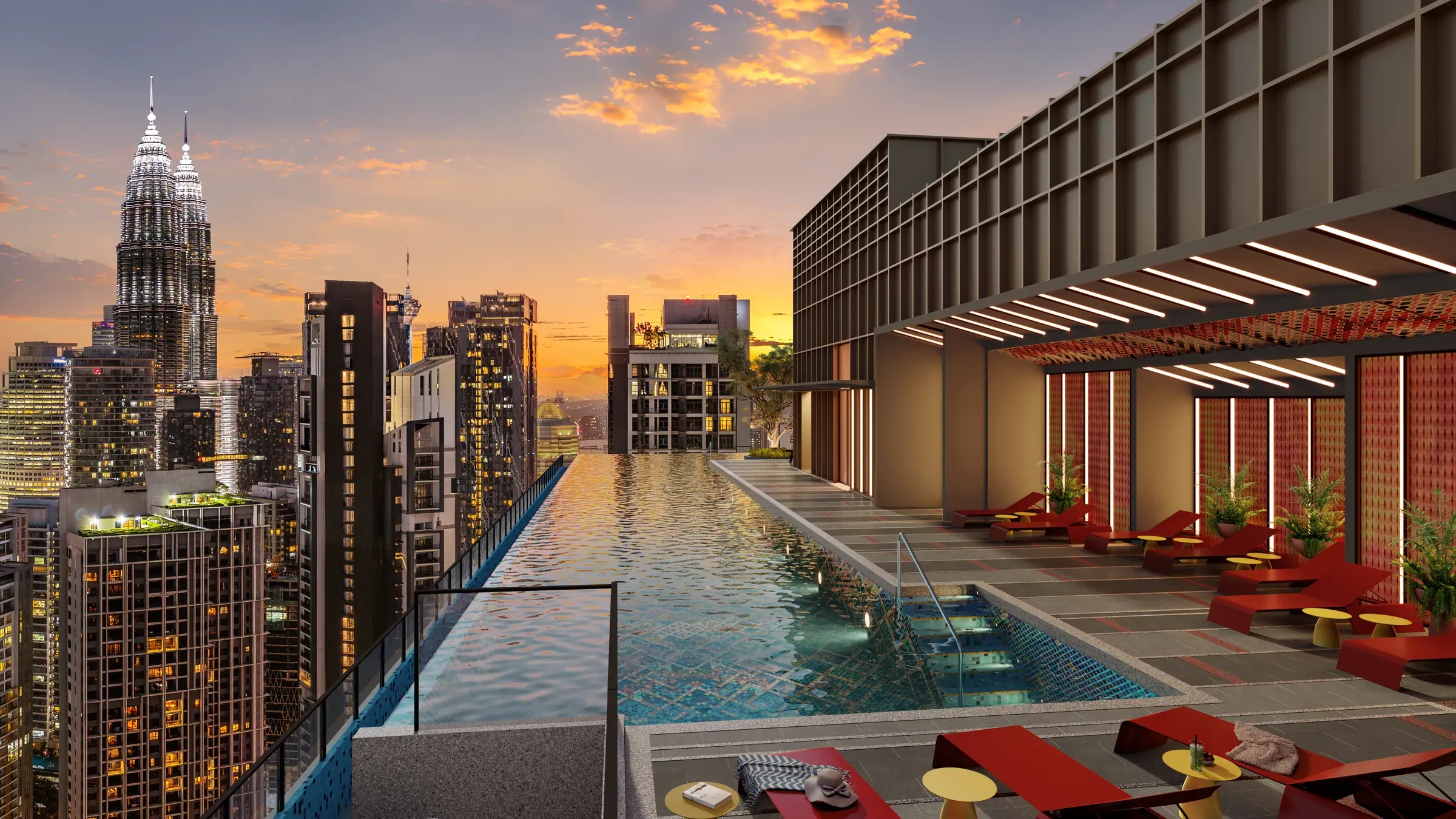 Rooftop swimming pool with sun loungers