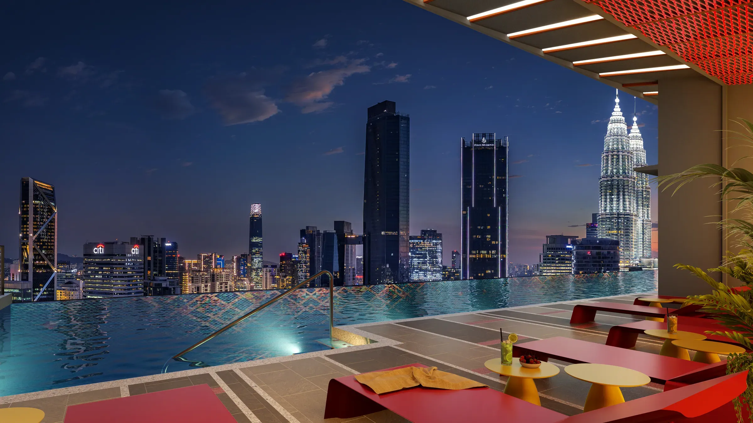 Rooftop pool deck at night