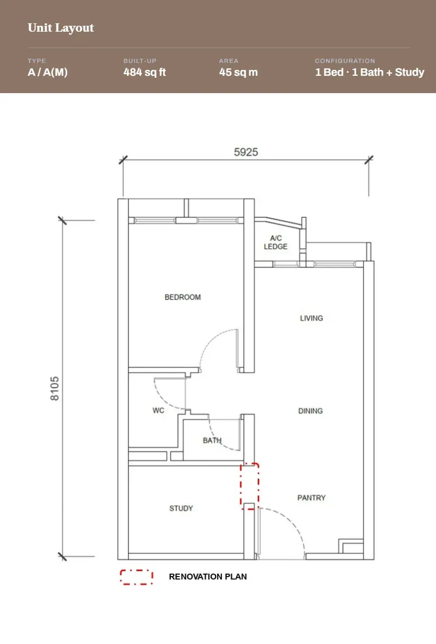 Phoeniz Suites Type A / A(M) floor plan, 45 sqm / 484 sqft, 1 Bed · 1 Bath + Study