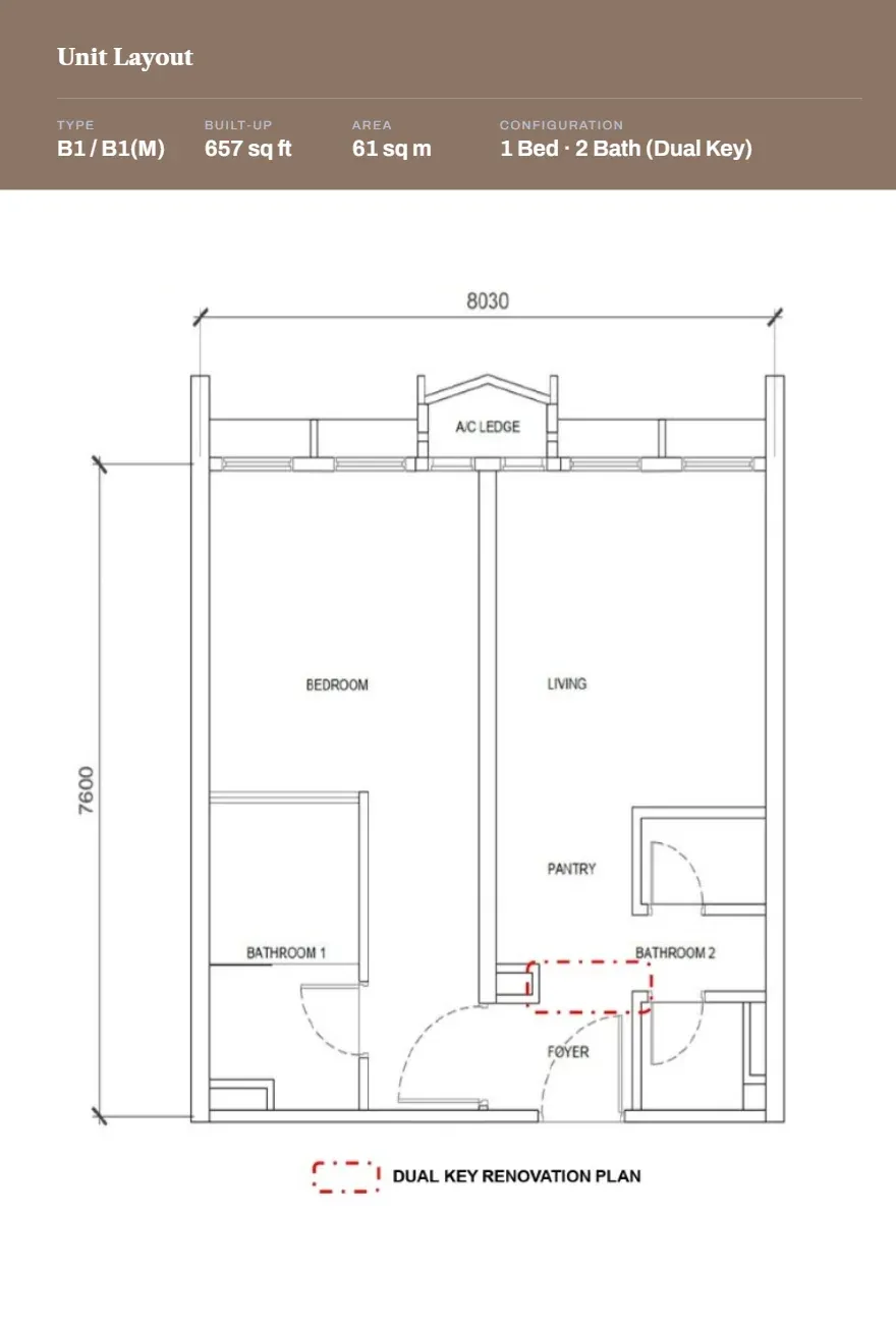 Phoeniz Suites Type B1 / B1(M) floor plan, 61 sqm / 657 sqft, 1 Bed · 2 Bath (Dual Key)