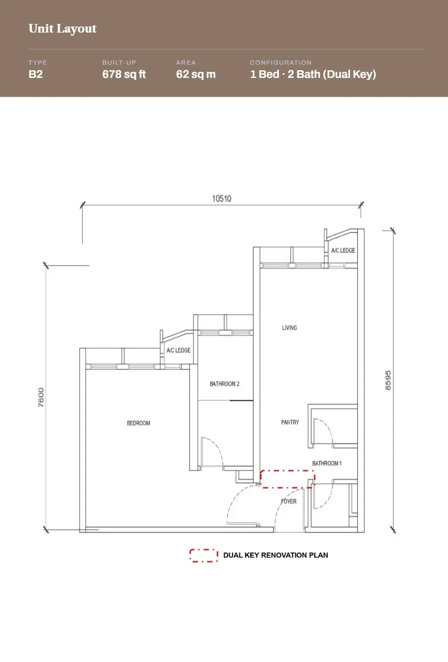 Phoeniz Suites Type B2 floor plan, 62 sqm / 678 sqft, 1 Bed · 2 Bath (Dual Key)