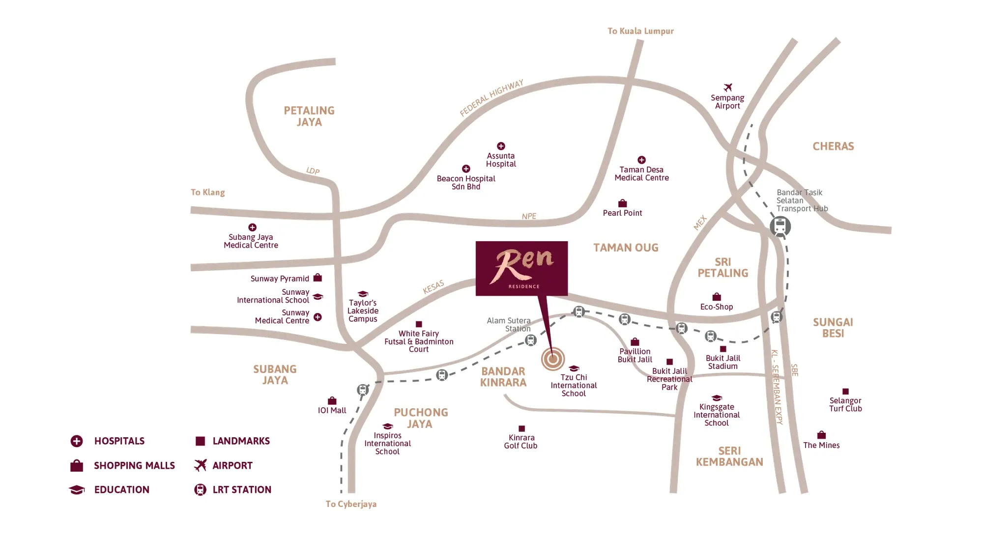 Location map of REN Residences in Bukit Jalil near Tzu Chi International School and the LRT line