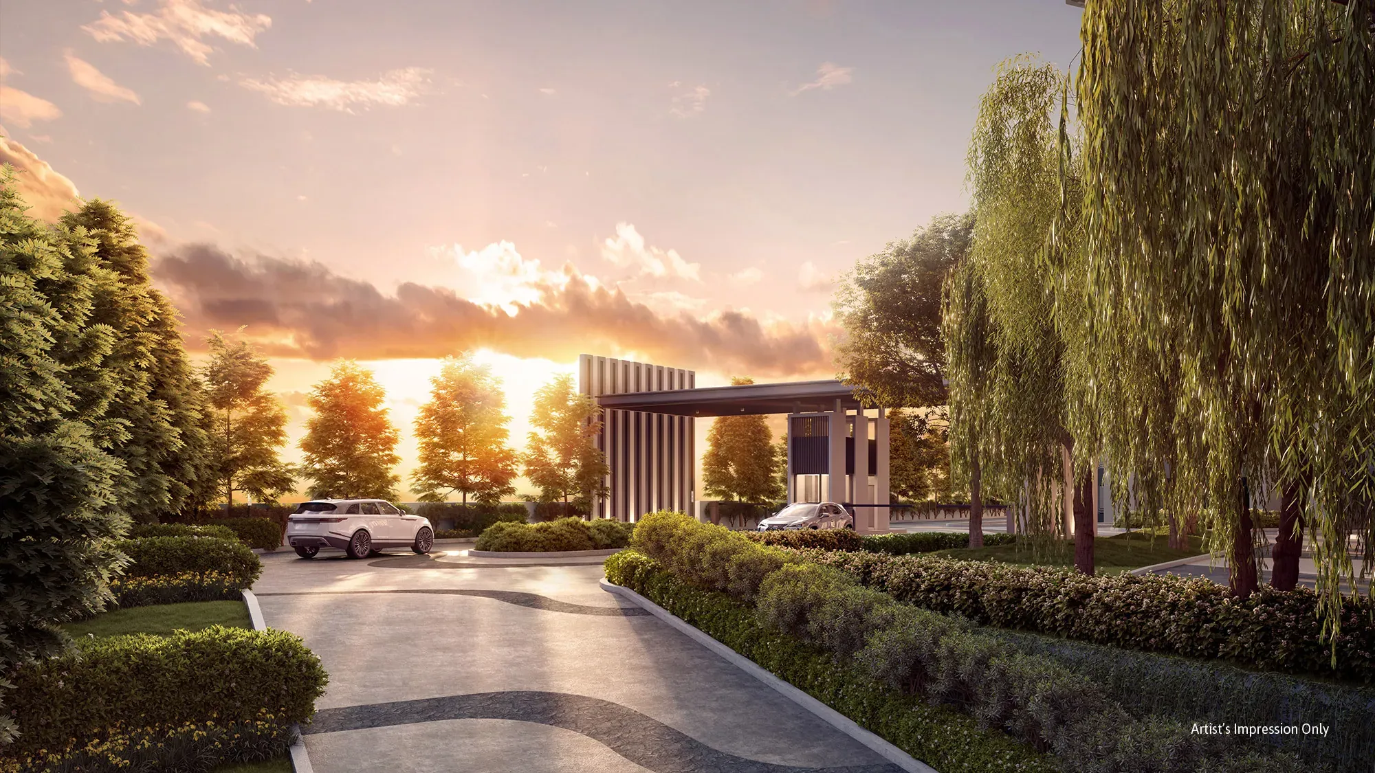 REN Residences grand entrance at sunset