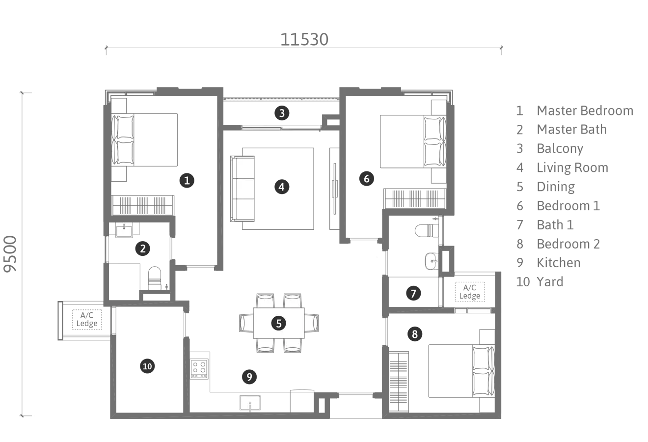 REN Residences Type B1 floor plan, 1,050 sqft, 3 Bedroom