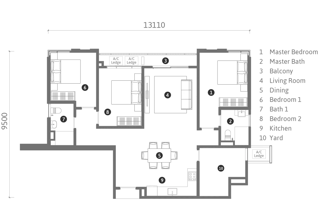 REN Residences Type B2 floor plan, 1,110 sqft, 3 Bedroom