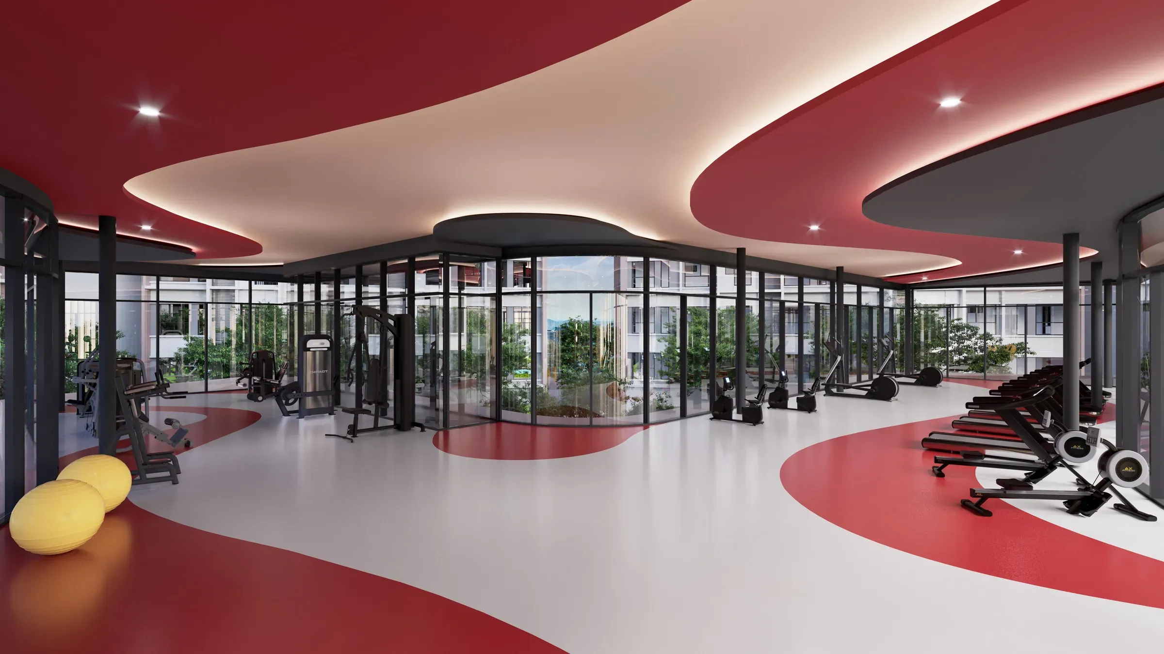 Gym with a red-and-white feature ceiling