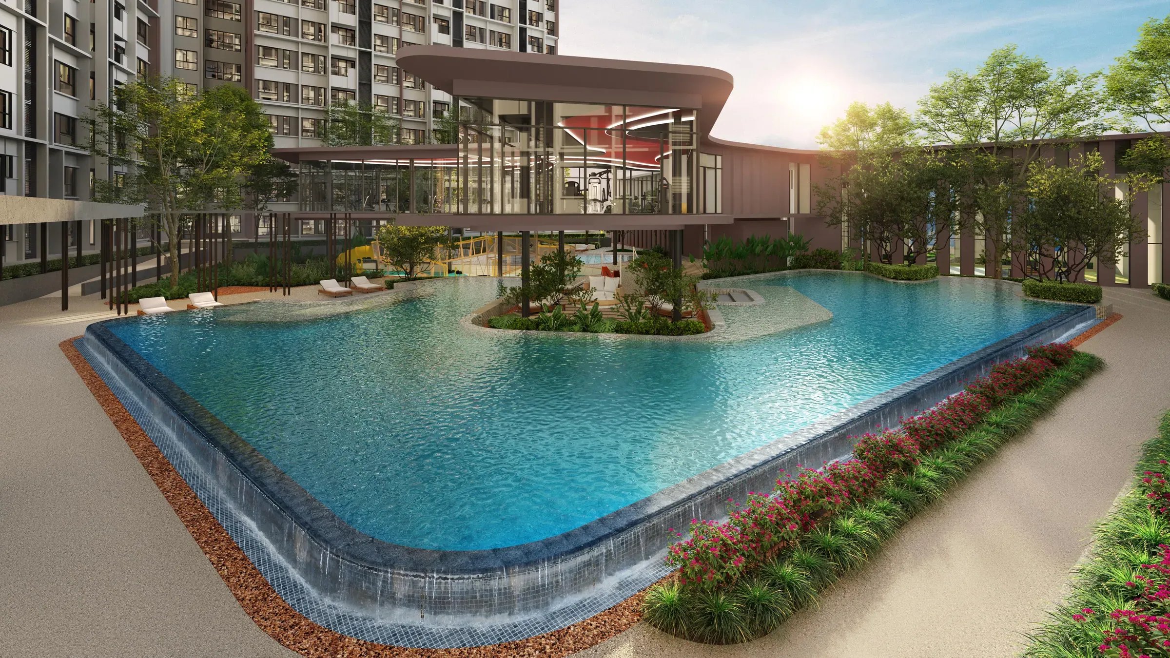 Leisure pool with a landscaped island