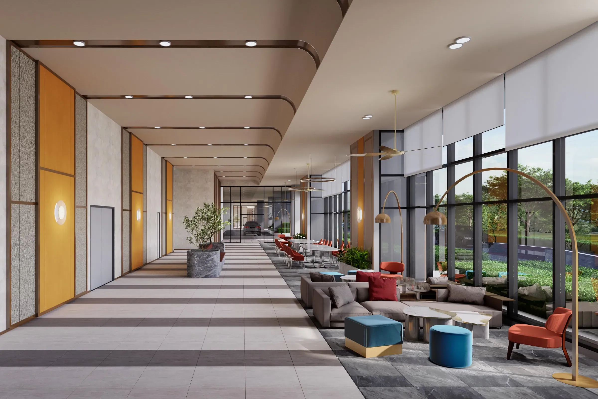 Lobby lounge with seating along the glazed corridor