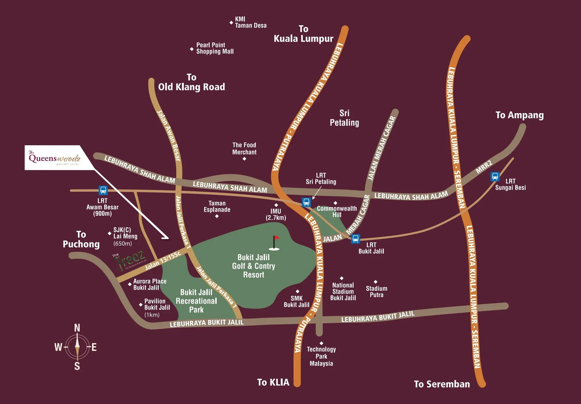 Location map of The Queenswoodz in Bukit Jalil with nearby LRT stations, schools and Pavilion Bukit Jalil