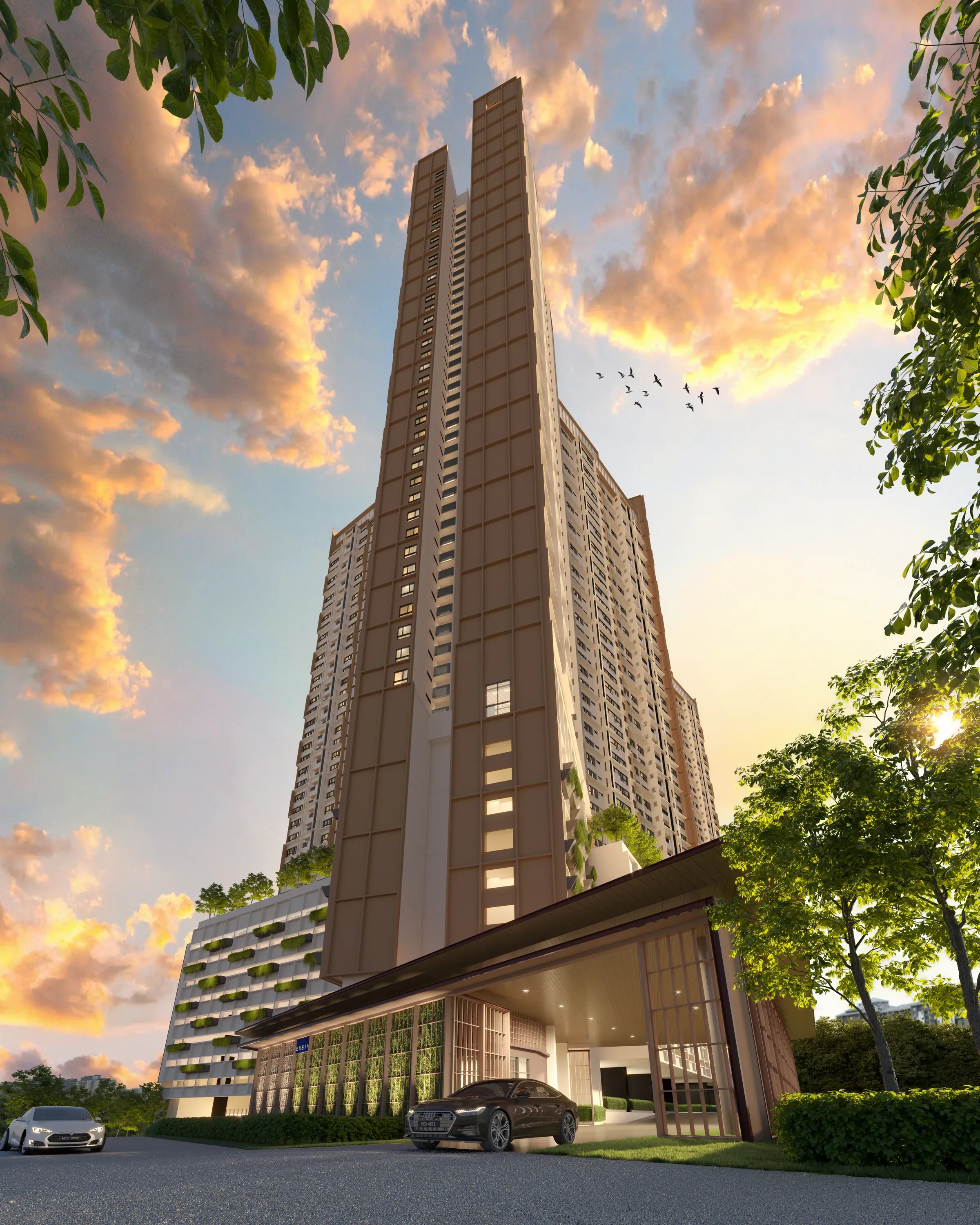 The Queenswoodz tower in Bukit Jalil at golden hour