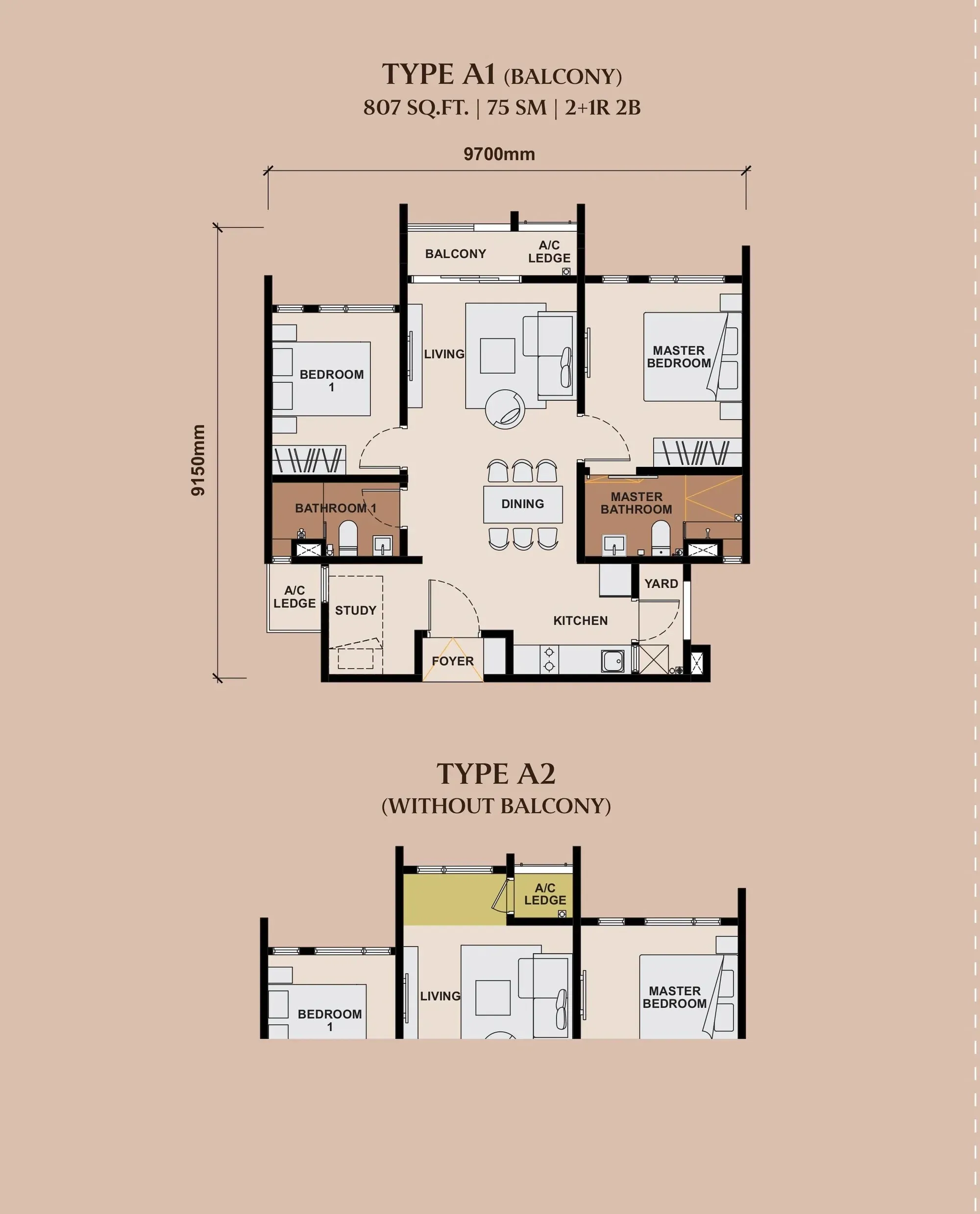 The Queenswoodz Type A1 / A2 floor plan, 75 sqm / 807 sqft, 2+1 Bedroom