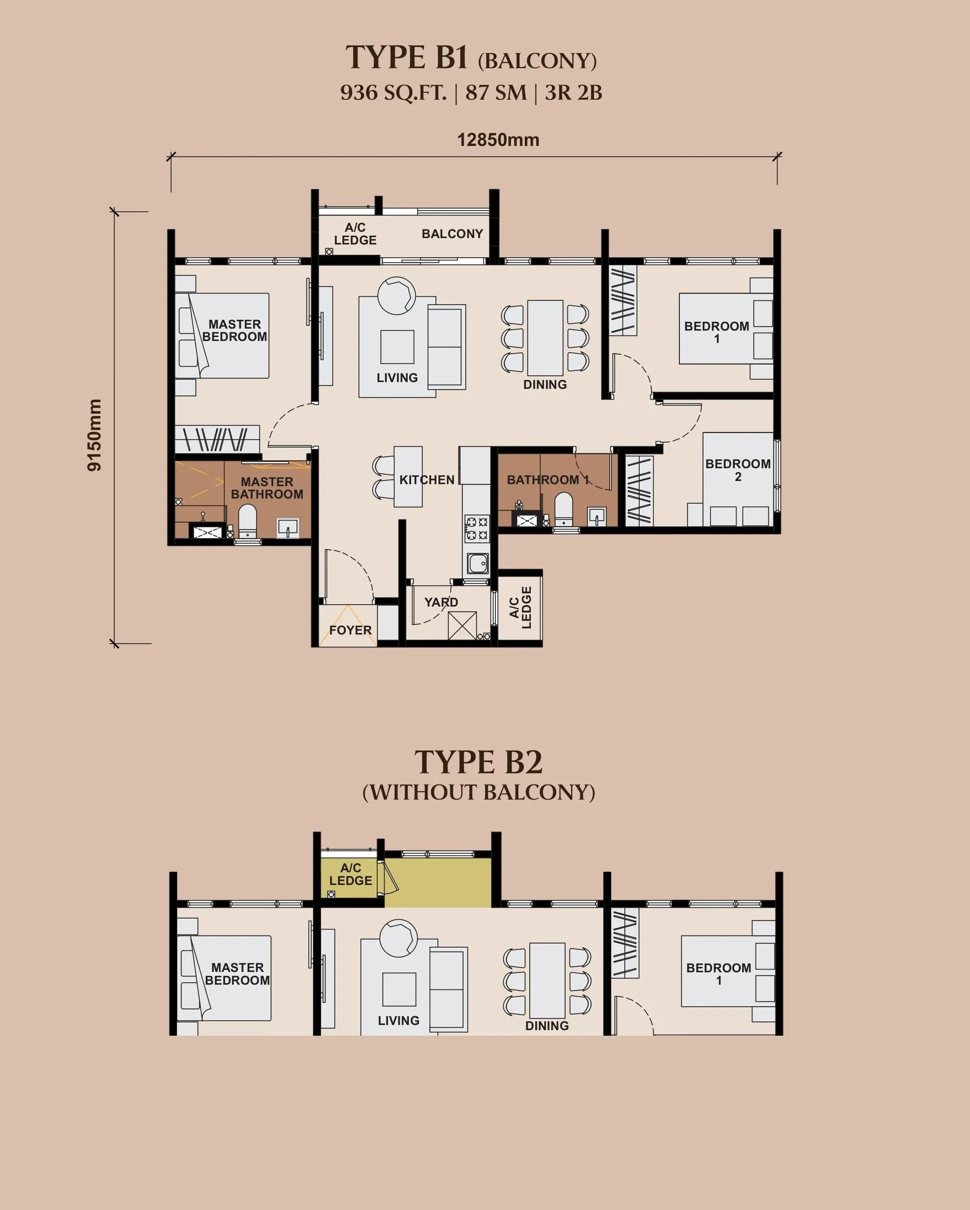 The Queenswoodz Type B1 / B2 floor plan, 87 sqm / 936 sqft, 3 Bedroom