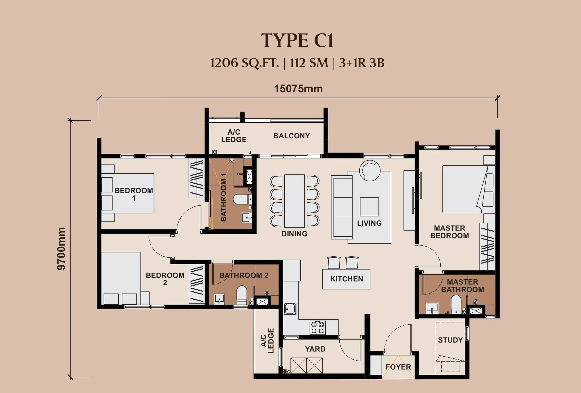 The Queenswoodz Type C1 floor plan, 112 sqm / 1,206 sqft, 3+1 Bedroom