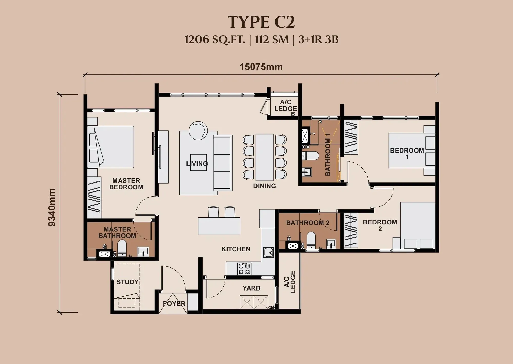 The Queenswoodz Type C2 floor plan, 112 sqm / 1,206 sqft, 3+1 Bedroom