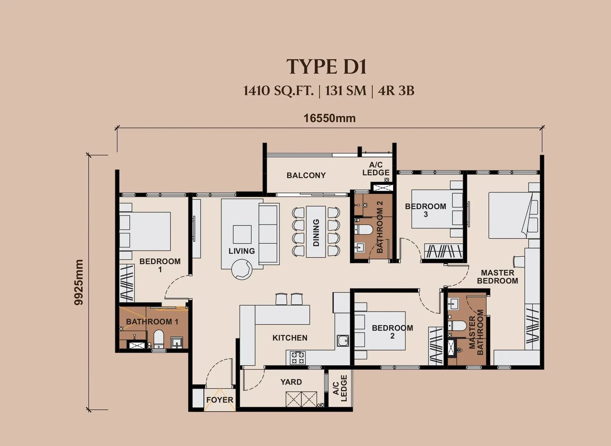 The Queenswoodz Type D1 floor plan, 131 sqm / 1,410 sqft, 4 Bedroom