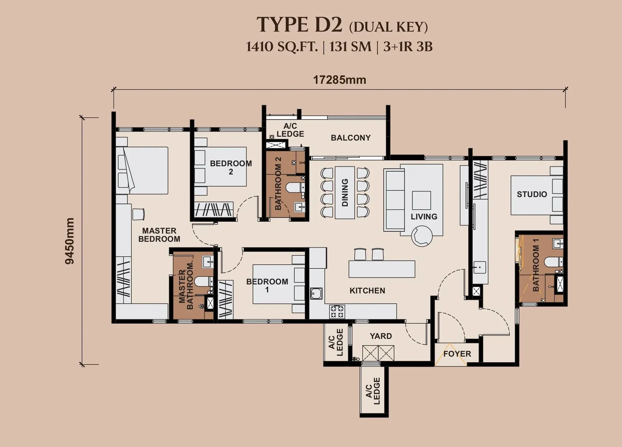 The Queenswoodz Type D2 floor plan, 131 sqm / 1,410 sqft, 3+1 Bedroom