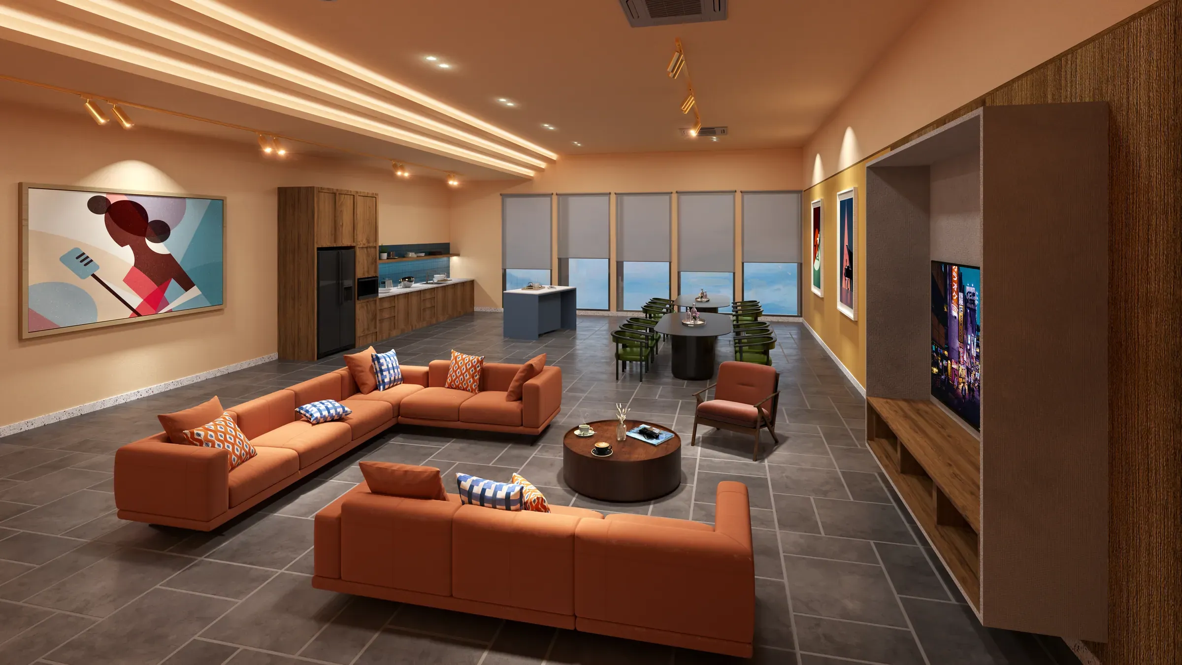 Gourmet villa lounge with sofas and a dining area