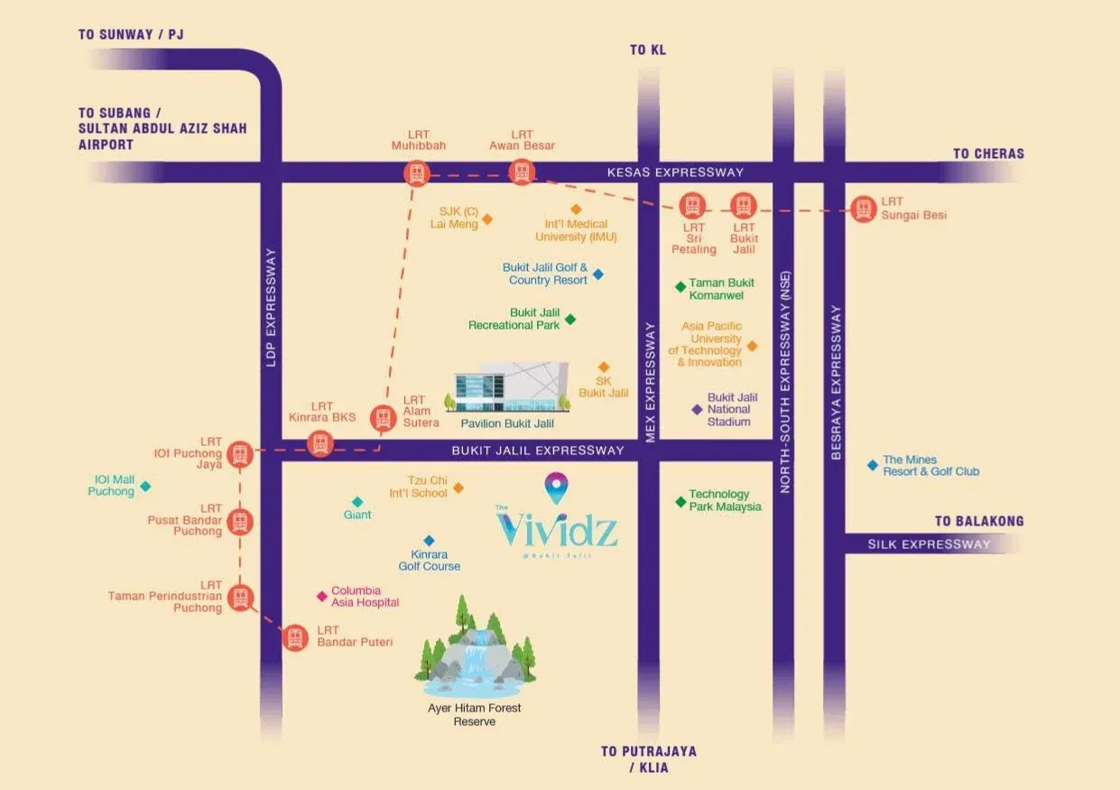 Location map of Vividz Residences near Pavilion Bukit Jalil, the LRT lines and Bukit Jalil highways
