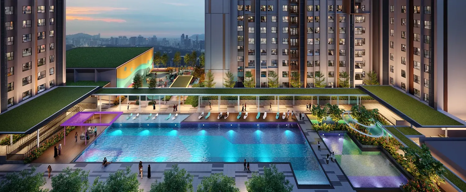 Pool deck at dusk